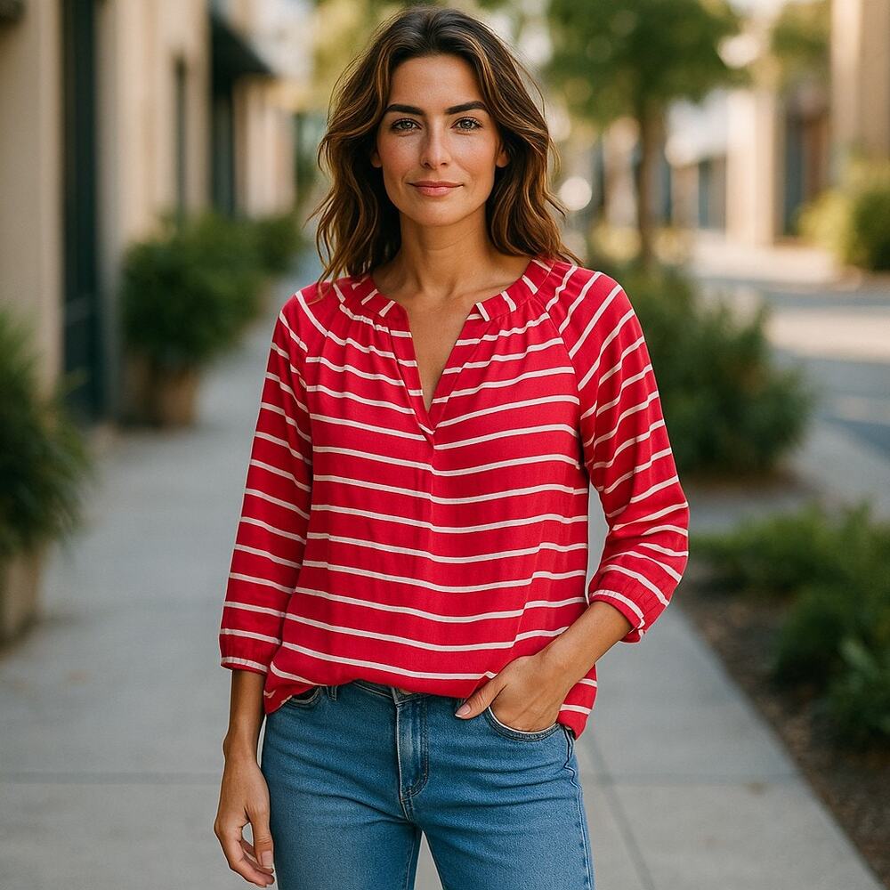 5/$65 Crown & Ivy Womens Pink White Stripe Rayon Flowy Beachy Top Blouse 2X
